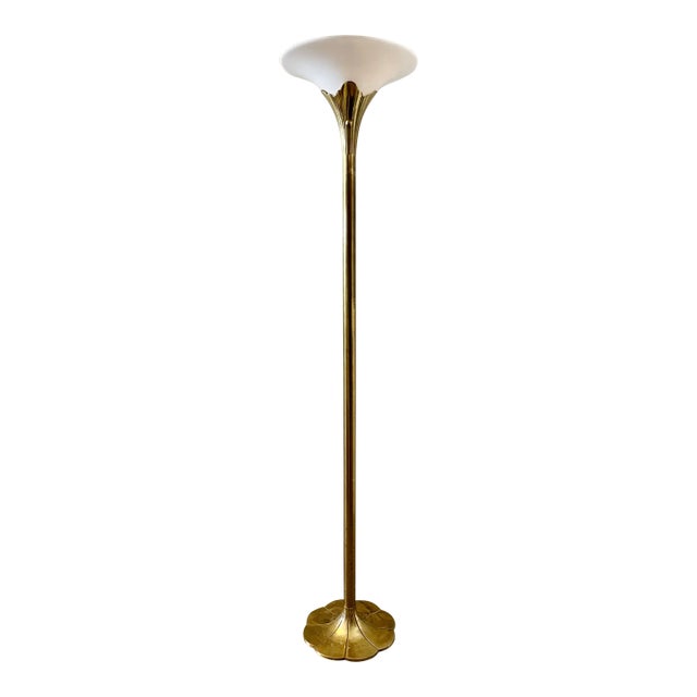 Solid Brass Tulip Torchiere Floor Lamp Milk Glass Diffuser by the Stiffel Company For Sale