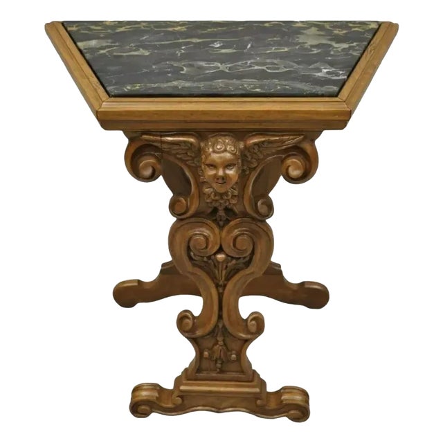 Italian Renaissance Figural Carved Marble Top Side Table With Winged Cherub Head For Sale
