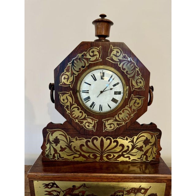 Metal Antique Regency Rosewood Brass Inlaid Mantle Clock, 1820 For Sale - Image 7 of 8