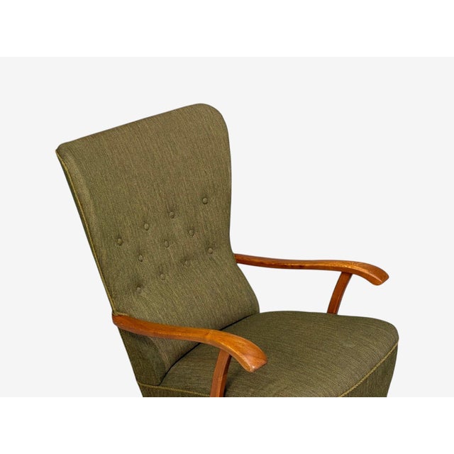 Olive Danish Modern, Highback Lounge Chair, Elm, Wool, Denmark, 1950s For Sale - Image 8 of 12
