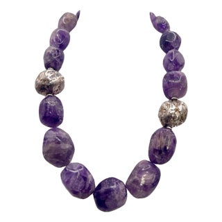 Gemstone Necklace Massive Semi Frosted Unique Cut Amethyst With Solid Silver Pyrite Accent Beads For Sale