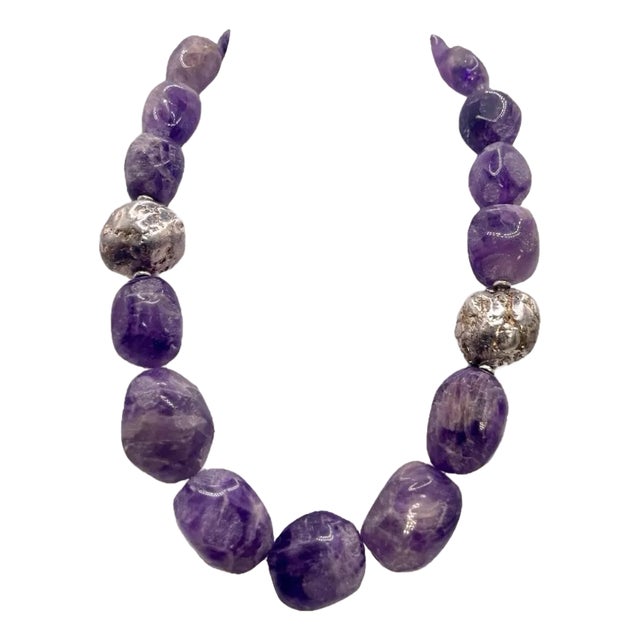 Gemstone Necklace Massive Semi Frosted Unique Cut Amethyst With Solid Silver Pyrite Accent Beads For Sale