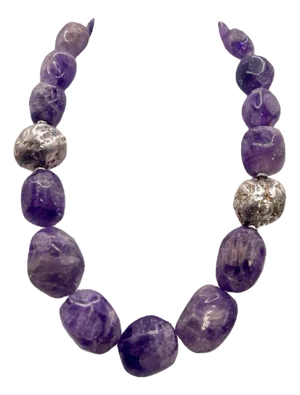 Gemstone Necklace Massive Semi Frosted Unique Cut Amethyst With Solid Silver Pyrite Accent Beads