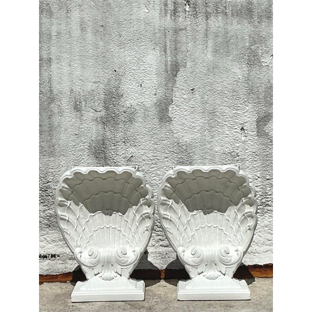 Hollywood Regency Vintage Coastal Cast Plaster Clam Shell Table Pedestals - Set of 2 For Sale - Image 3 of 10