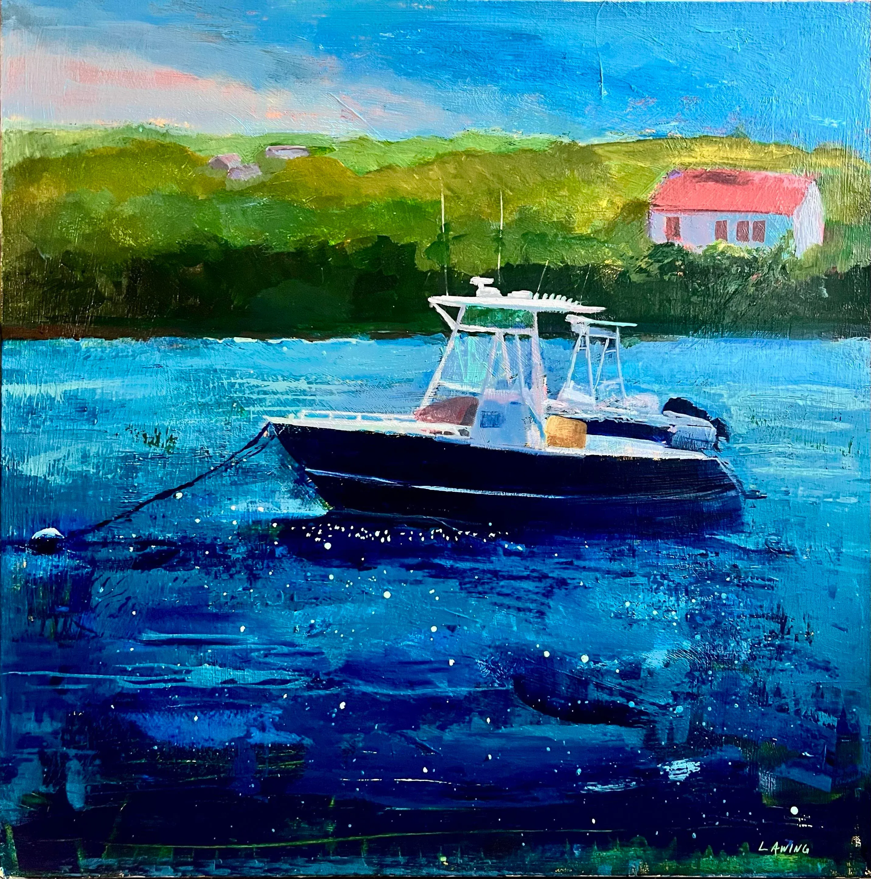 油彩画 船の風景 L. Stoney Boats, Great Salt Pond, Block Island, Original Acrylic Painting by