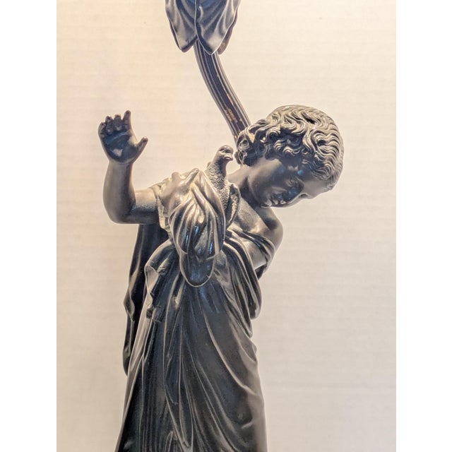 Antique Bronze Lamp Featuring a Girl Holding a Dove by A. Messina For Sale - Image 4 of 14
