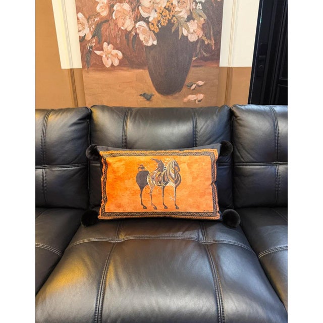 Orange Boho Orange Horse PillowBlack Tassel Trim, 15“×23” For Sale - Image 8 of 8