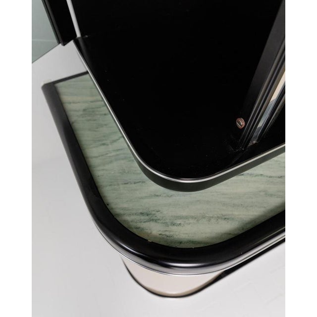 Metal Vintage Art Deco Style Bar Cabinet in Lacquered Wood, Green Marble, Aluminium and Curved Smoked Glass, 1950s For Sale - Image 7 of 17