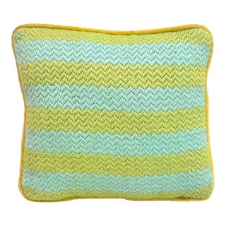 Chartreuse/Aqua Chevron Needlepoint Velvet Pillow For Sale