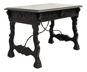 Antique 19th C Spanish Renaissance Carved Oak Wood 2 Drawer Library Table Desk