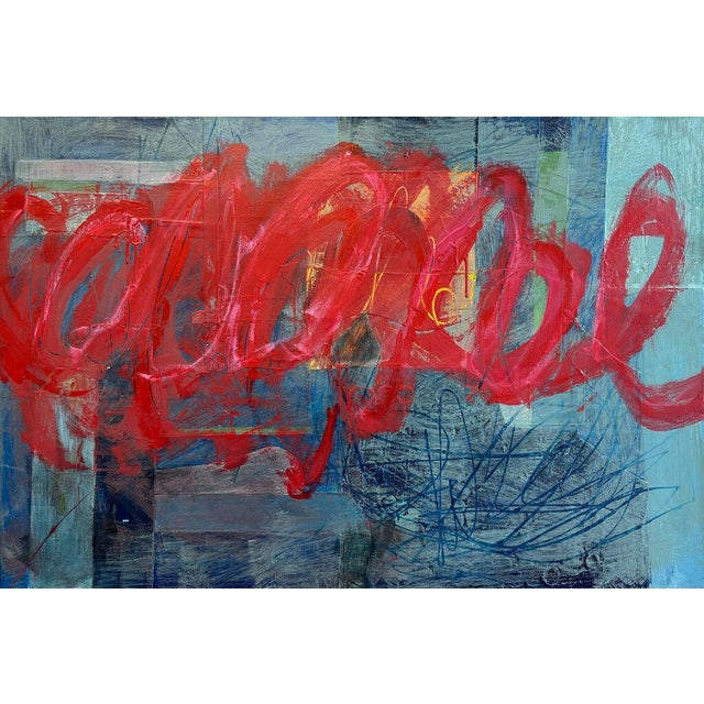 Vivid red loops pulse across layered blues, teals and navy, with a delicate web of blue lines in the lower right. The red...