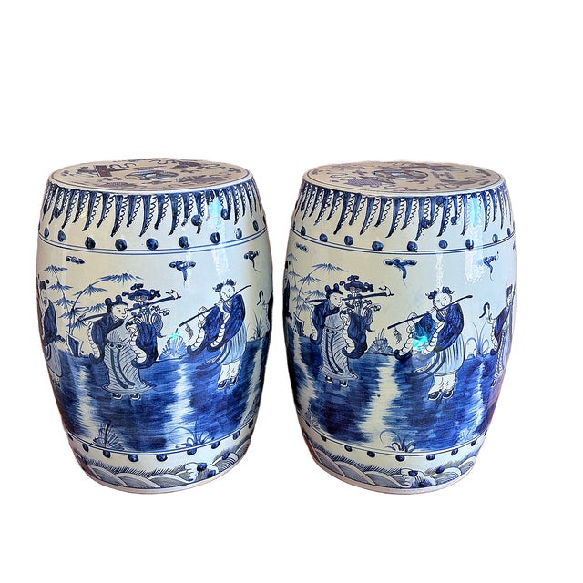 Chinoiserie Porcelain Blue and White Flutist Garden Stools - A Pair For Sale - Image 4 of 4