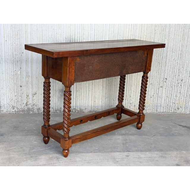 18th Carved Two-Drawer Baroque Spanish Walnut Console Table With Iron Hardware For Sale - Image 4 of 13