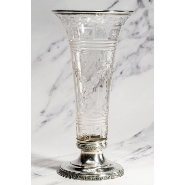 Silver Stunning Antique Etched Glass Vase With Sterling Silver Rim & Pedestal Base Floral Trumpet Vase Luxury Home Decor For Sale - Image 8 of 18