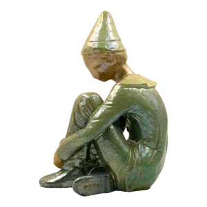 Ceramic Green Figure of Sitting Boy, Giordano Tronconi, Faenza Italy, 1950s