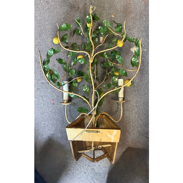 Hollywood Regency Mid 20th Century Hollywood Regency Italian Lemon Tole Tree Iron Wall Sconce W/ Bamboo Pot For Sale - Image 3 of 7
