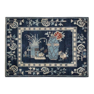 Antique Chinese Art Deco Rug in Navy Blue With Pictorial Patterns by Rug & Kilim For Sale