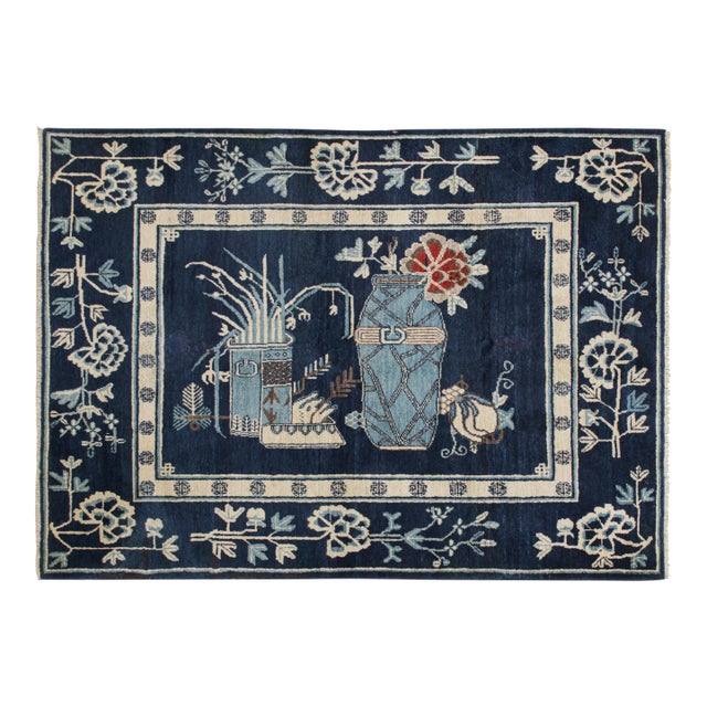 Antique Chinese Art Deco Rug in Navy Blue With Pictorial Patterns by Rug & Kilim For Sale
