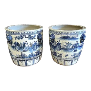Contemporary Chinoiseire Blue & White Large Planters - Set of 2