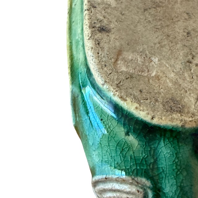Ceramic Antique Asian Pottery Scholar's Object, Green Crackle Glaze With Blue Dragon Relief For Sale - Image 7 of 7