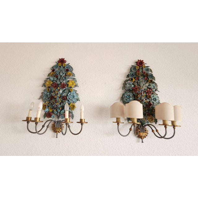 A pair of colorful, exceptionally large, and very rare hand-painted, hand-forged ciani firenze wall sconces, florentine...