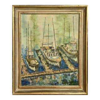 Large Mid-Century Modern Impasto Expressionist Harbor Boats Painting, Signed Oil For Sale