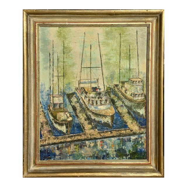 Large Mid-Century Modern Impasto Expressionist Harbor Boats Painting, Signed Oil For Sale