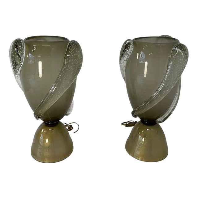Art Deco Italian Grey and Gold Leaf Murano Glass Vase Lamps, 2000s, Set of 2 For Sale
