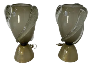 Art Deco Italian Grey and Gold Leaf Murano Glass Vase Lamps, 2000s, Set of 2
