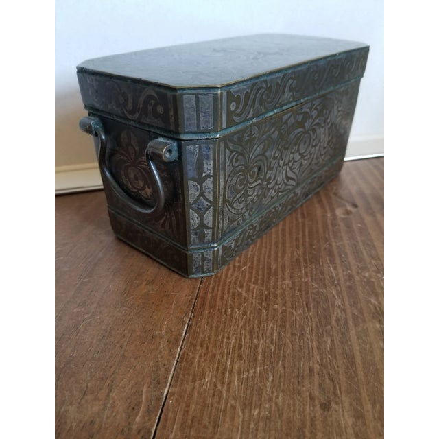 Beautiful antique heavy bronze and silver inlay box with handles and interior sections with lids.