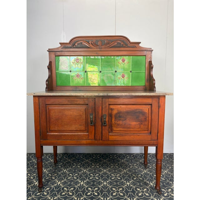 Art Nouveau Edwardian Washstand with Tiled Splashback and Marble Top Wash Basin, 1900 For Sale - Image 3 of 18