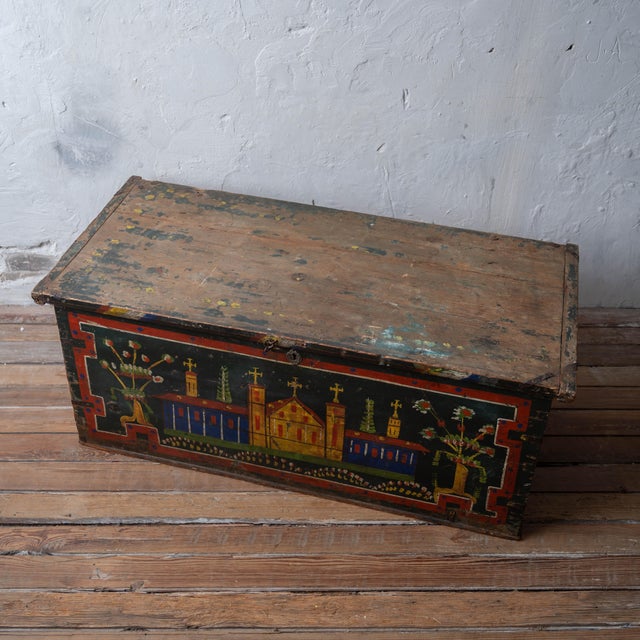 Romanian Painted Blanket Chest With Church Motif, c.1900 For Sale - Image 9 of 14