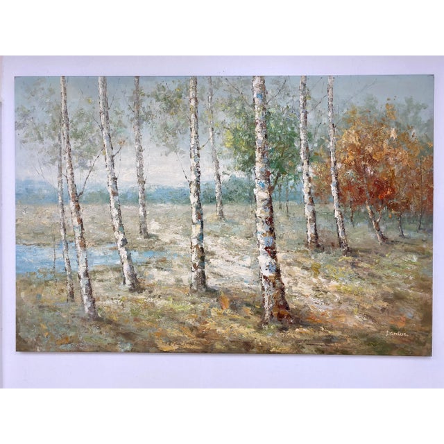 A serene and textured original oil painting on canvas depicting a quiet forest of slender birch trees bathed in soft...