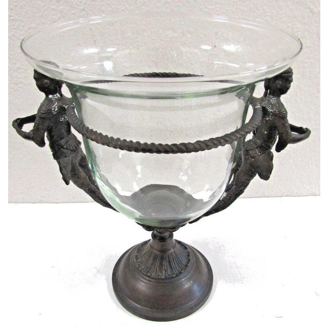 Baroque Style Case Glass Bowl with Dual Figurative Metal Handles and Stand Measures 14" wide handle to handle, 10"...