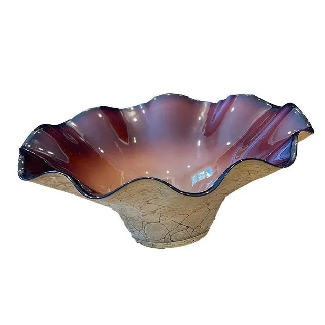 Contemporary Late 20th Century Vintage Hand-Blown Jozefina Ruffled Art Glass Plum- and Champagne-Colored Bowl For Sale - Image 3 of 10