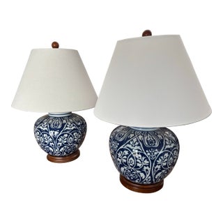 Contemporary Ralph Lauren Blue and White Cobalt Ikat Ginger Jar Lamps With White Line Shades - a Pair For Sale