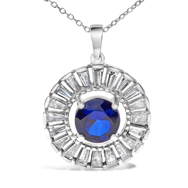Contemporary Sterling Silver Lab Grown Sapphire and Baguette Diamond Medallion Pendant Necklace For Sale - Image 3 of 5