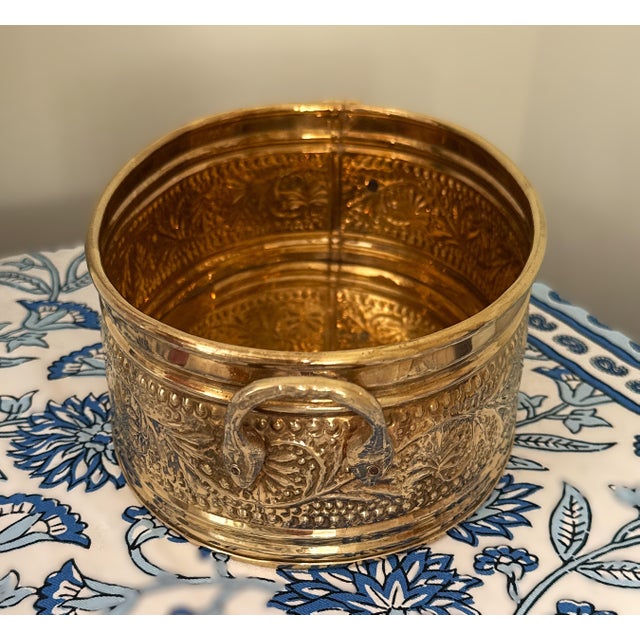 Late 20th Century Solid Brass Embossed Oval Bowl or Planter With Handles For Sale - Image 5 of 7
