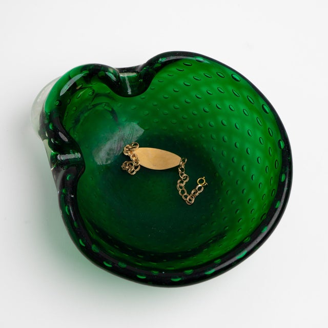 Mid-Century Modern Vintage Emerald Green Murano Bullicante Art Glass Catchall Dish For Sale - Image 3 of 14