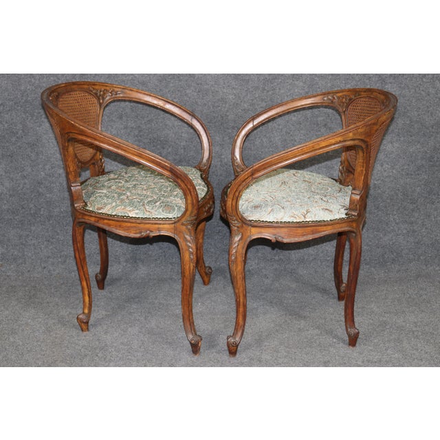 Pair Antique French Art Noveau Carved Wood Cane Back Armchairs For Sale - Image 4 of 9