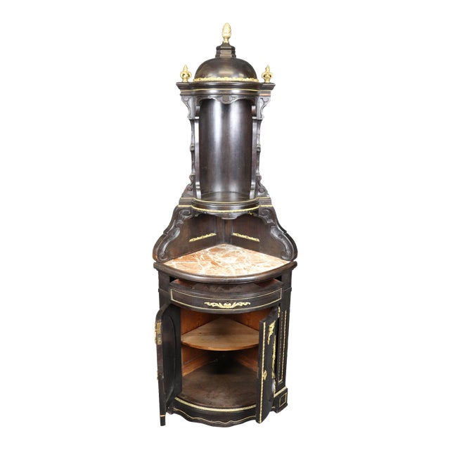 Superb Italian Dark Walnut and Bronze Dore' Ormolu Corner Cabinet Marble Top For Sale