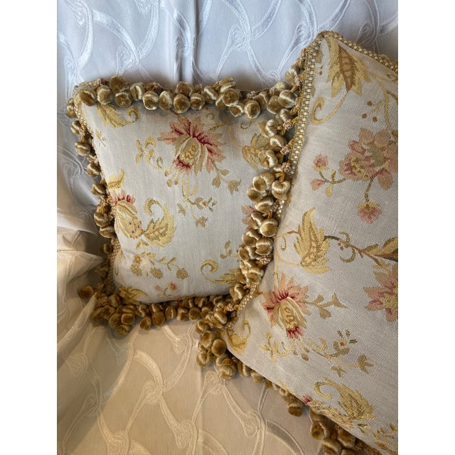 Pair Aubusson Fringed Floral Pillows (15”x18”) With Down Inserts: Seafoam, Celadon, Coral & Gold For Sale - Image 4 of 12