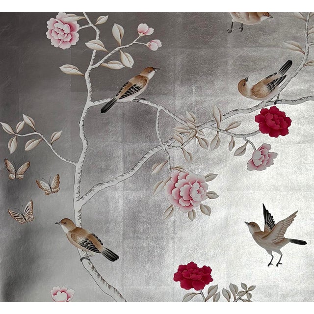 Metal Silver Leaf Chinoiserie Hand-Painted Bird & Peony Wall Panels (Set of 5) For Sale - Image 7 of 7