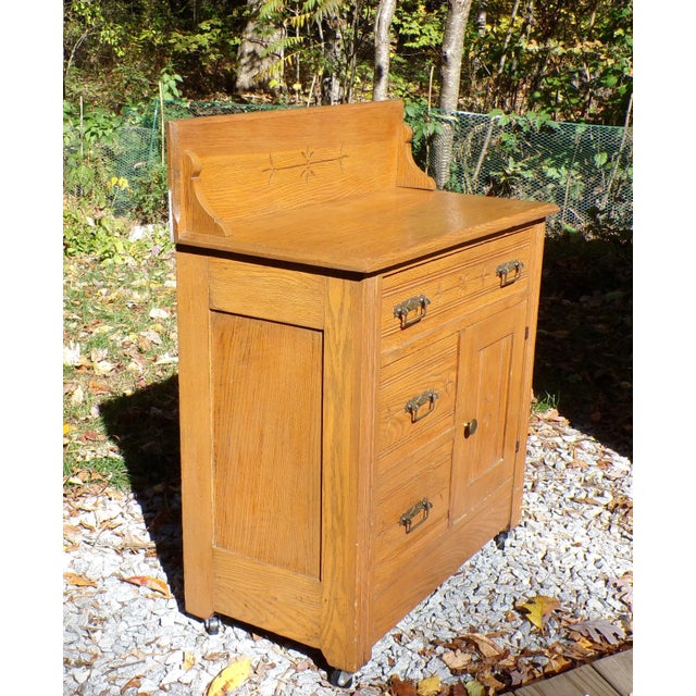 Antique Oak Chest Commode Washstand Dry Sink Country Farmhouse Cabinet For Sale - Image 4 of 18