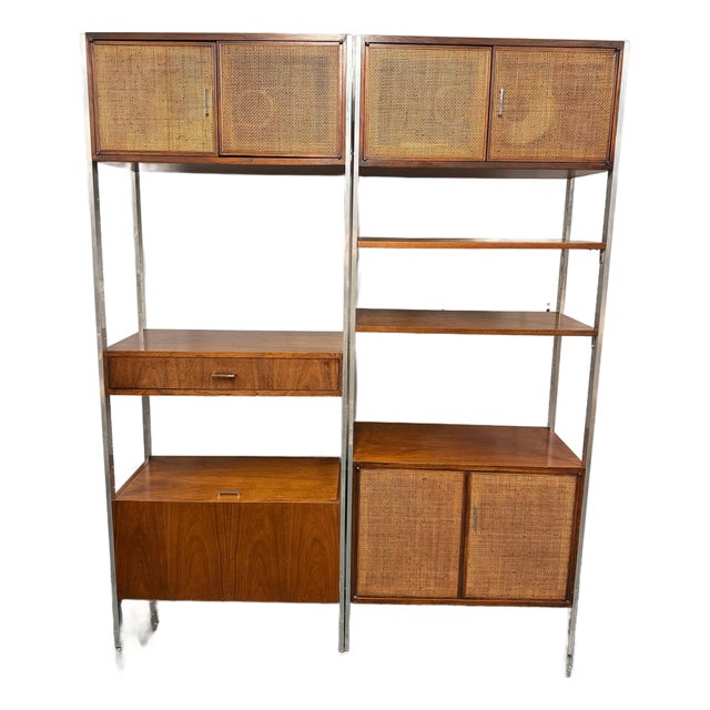 Founders Mid-Century Modern 2-Section Wall Unit With JBL L100 Century Speakers For Sale