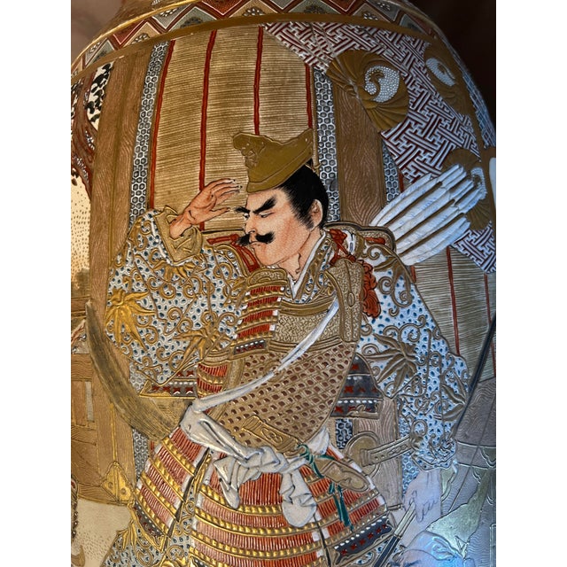 Ivory Monumental 24” Antique Japanese Meiji Period Kyoto Satsuma Palace Floor Vase, Court Scene & Peony Panels For Sale - Image 8 of 11