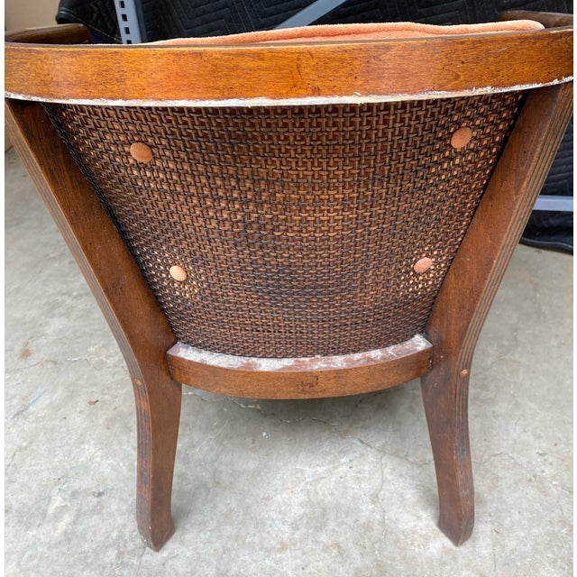 Brown Vintage Dusty Rose Upholstered Cane Back Barrel Accent Chair For Sale - Image 8 of 11