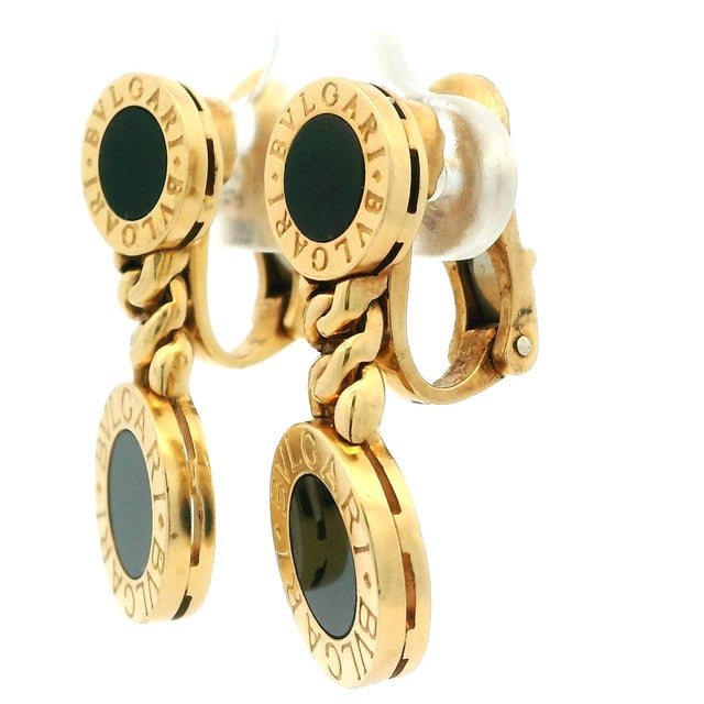 1990s Pair of Bulgari Bvlgari 18k Gold Black Onyx Drop Clip Earrings For Sale - Image 9 of 14