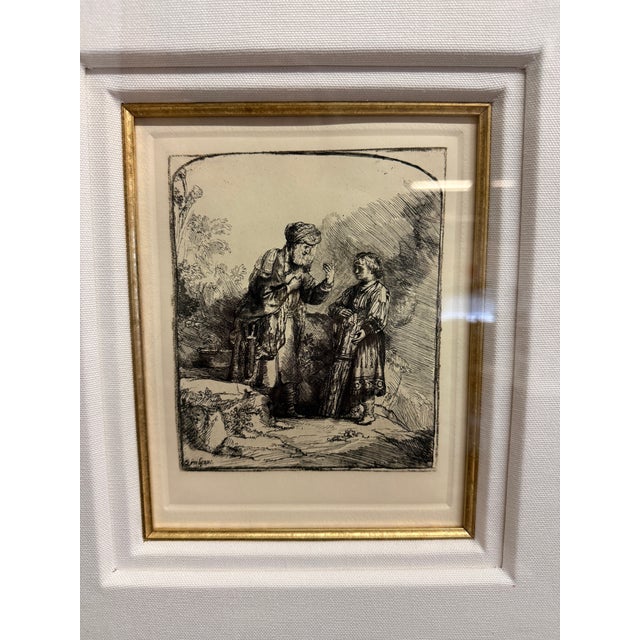 Ebony Rembrandt Van Rijn Etching of Abraham and Isaac by the Dutch Master, Created in 1645. Framed Print Gold Frame a Deep Dimensional Linen. Mat For Sale - Image 8 of 12