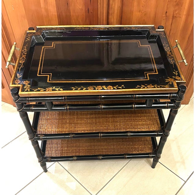 Vintage Chinoiserie Tiered Coffee Table With Serving Tray and Gold Metal Handles, Tiers Lined With Woven Cane, Faux Bamboo Legs and Floral Motifs For Sale - Image 4 of 12
